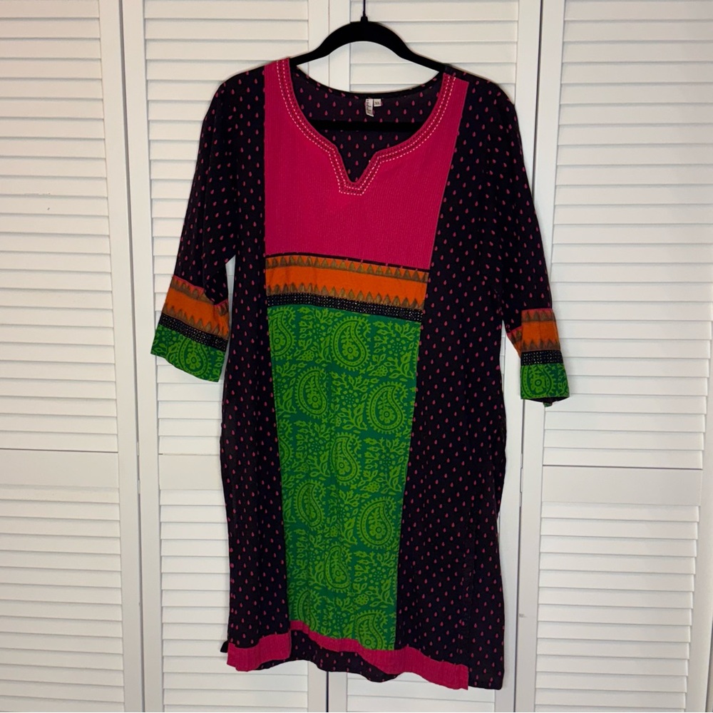 INDIDORI Paisley 3/4 Sleeve Navy Pink Green Tunic Top size XL (Juniors)